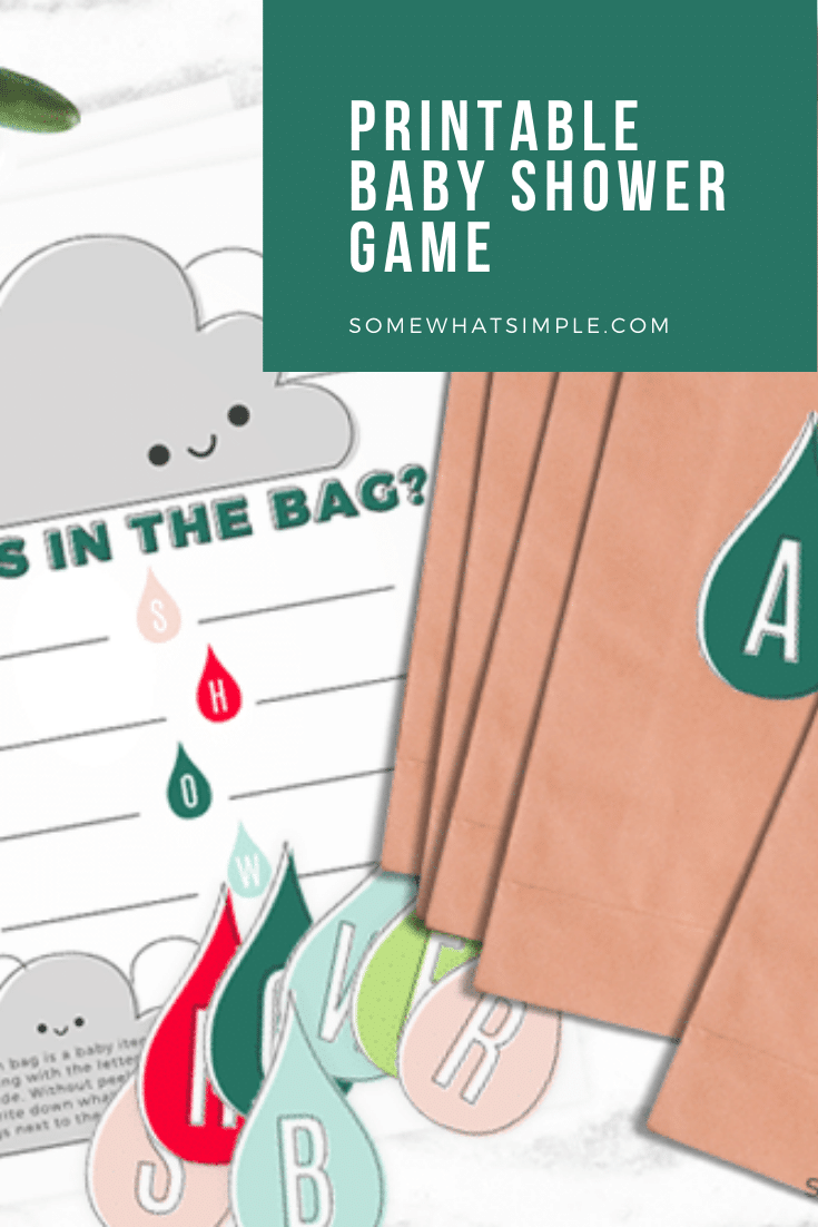 This simple baby shower game idea is fun to play, easy to put together and it's super helpful for the mother-to-be!  Fill bags with baby items that start with each letter and see if the mother-to-be can guess what's inside.  The game is fun to play, while providing needed baby items for the new mother. Download your FREE printable right now and get started! #babyshowergames #printablebabyshowergame #babyshowergameidea #freeprintablebabyshowergame #babyitemsthatstartwith via @somewhatsimple
