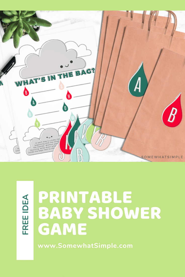 This simple baby shower game idea is fun to play, easy to put together and it's super helpful for the mother-to-be!  Fill bags with baby items that start with each letter and see if the mother-to-be can guess what's inside.  The game is fun to play, while providing needed baby items for the new mother. Download your FREE printable right now and get started! #babyshowergames #printablebabyshowergame #babyshowergameidea #freeprintablebabyshowergame #babyitemsthatstartwith via @somewhatsimple