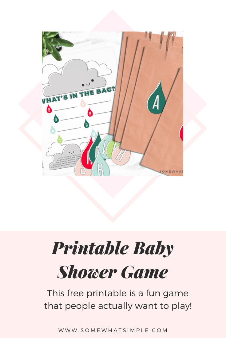 This simple baby shower game idea is fun to play, easy to put together and it's super helpful for the mother-to-be!  Fill bags with baby items that start with each letter and see if the mother-to-be can guess what's inside.  The game is fun to play, while providing needed baby items for the new mother. Download your FREE printable right now and get started! #babyshowergames #printablebabyshowergame #babyshowergameidea #freeprintablebabyshowergame #babyitemsthatstartwith via @somewhatsimple