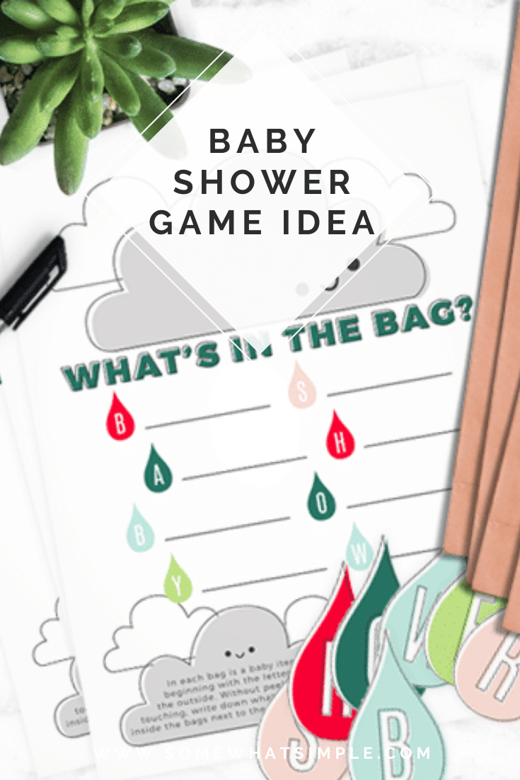 This simple baby shower game idea is fun to play, easy to put together and it's super helpful for the mother-to-be!  Fill bags with baby items that start with each letter and see if the mother-to-be can guess what's inside.  The game is fun to play, while providing needed baby items for the new mother. Download your FREE printable right now and get started! #babyshowergames #printablebabyshowergame #babyshowergameidea #freeprintablebabyshowergame #babyitemsthatstartwith via @somewhatsimple