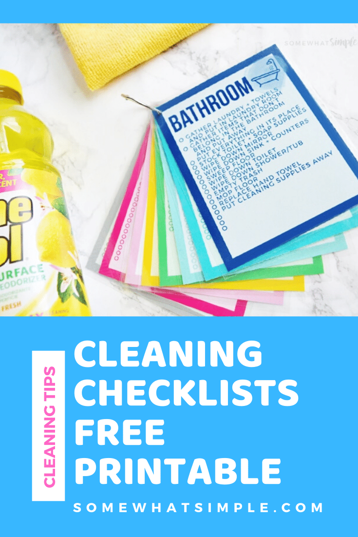 These colorful Printable Cleaning Checklist Cards will help tackle your everyday household chore goals! There's a simple checklist to follow for each room in your house. Plus ideas on how to make a simple cleaning caddy! #cleaning #cleaningtips #cleaninghacks #springcleaning #freeprintable via @somewhatsimple