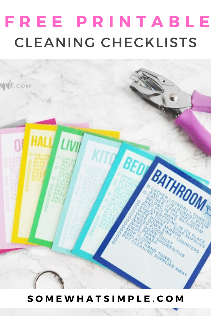 These colorful Printable Cleaning Checklist Cards will help tackle your everyday household chore goals! There's a simple checklist to follow for each room in your house. Plus ideas on how to make a simple cleaning caddy! #cleaning #cleaningtips #cleaninghacks #springcleaning #freeprintable via @somewhatsimple