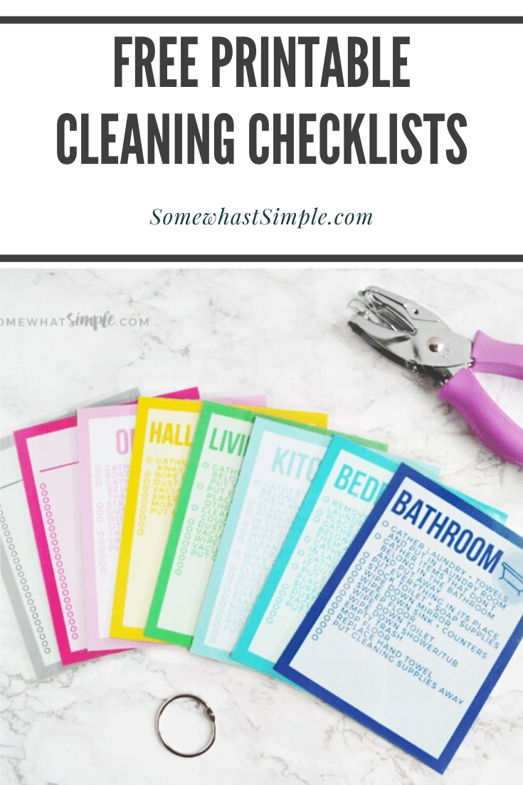 These colorful Printable Cleaning Checklist Cards will help tackle your everyday household chore goals! There's a simple checklist to follow for each room in your house. Plus ideas on how to make a simple cleaning caddy! #cleaning #cleaningtips #cleaninghacks #springcleaning #freeprintable via @somewhatsimple