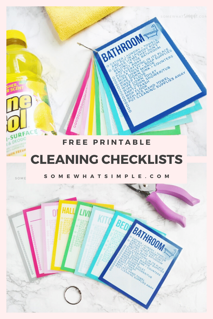 These colorful Printable Cleaning Checklist Cards will help tackle your everyday household chore goals! There's a simple checklist to follow for each room in your house. Plus ideas on how to make a simple cleaning caddy! #cleaning #cleaningtips #cleaninghacks #springcleaning #freeprintable via @somewhatsimple
