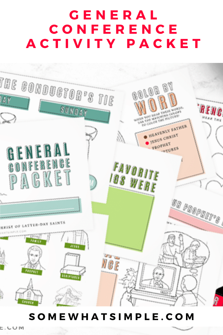 If you're looking for a fun way to keep your kids interested while watching General Conference, this packet is for you!!! Filled with fun games, activities and other ideas, your kids are guaranteed to love conference this year. Don't wait, grab your free printable now! #ldsconf #ldsgeneralconference #generalconferenceactivitypacket #freeprintable #generalconferenceactivitypacketfreeprintable via @somewhatsimple