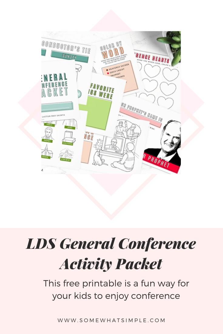 If you're looking for a fun way to keep your kids interested while watching General Conference, this packet is for you!!! Filled with fun games, activities and other ideas, your kids are guaranteed to love conference this year. Don't wait, grab your free printable now! #ldsconf #ldsgeneralconference #generalconferenceactivitypacket #freeprintable #generalconferenceactivitypacketfreeprintable via @somewhatsimple