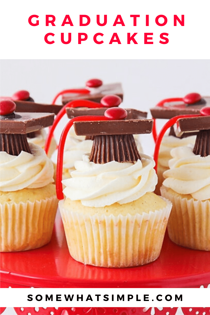 Graduation cupcakes are a fun way to celebrate a loved one's big accomplishment.  Whether you're celebrating an advancement from preschool to Kindergarten or someone earning their college degree, these graduation topper cupcakes will be perfect for your party!   #graduationcupcakes #graduationcupcaketoppers #graduationcupcakeideas #graduationcupcakerecipe #howtomakegraduationcupcakes #graduationdessert via @somewhatsimple