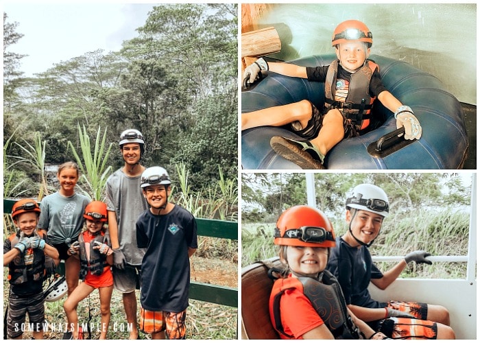 a collage of three pictures showing the tubing adventure in kauai hawaii. One is of five kids standing in front of a river, the second is of a young boy with a helmet sitting in a blue inner tube in the water and the last is two children sitting in an open-air truck.
