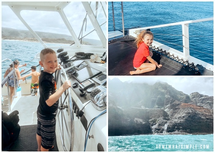 there are three pictures in this image, the first is a young boy behind the wheel of a catamaran, the next is a young girl on the trampoline on the front of a catamaran and the last is a picture of the napali coast