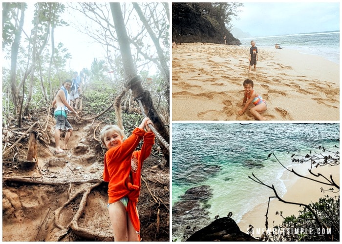 this image has three pictures of Hideaway Beach in Kauai. The first is of a boy and a little girl walking down the hill holding onto ropes, another is of two children playing on the sand at the Hideaway Beach and the last is looking down onto hideaway beach from the hill behind it.