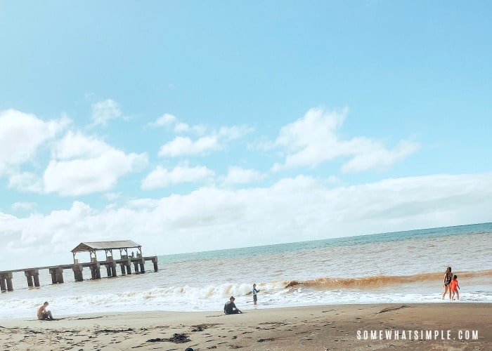 five children playing on a beach in Kauai, Hawaii with a small pier in the background