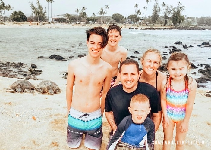 a good looking family in their bathing suits on the sand in Poipu beach in Kauai next to two large sea turtles