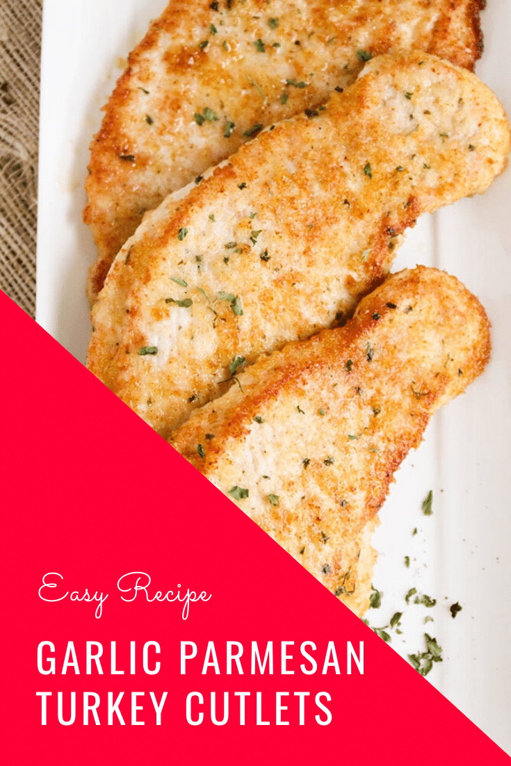 Garlic Parmesan turkey cutlets are healthy and super simple to make! Baked to perfection with a delicious crust, it's the perfect crowd-pleasing meal for a busy night! This recipe is super easy to make and a perfect way to use up any leftover turkey. via @somewhatsimple