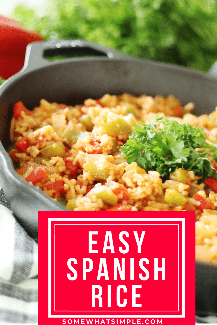 Homemade Spanish rice is the perfect side dish for any of your favorite Mexican food recipes.  Made with bell peppers, onions and delicious spices, this easy recipe is bursting with flavor and tastes just like you get in a restaurant. #spanishrice #homemadespanishrice #howtomakespanishrice #easyspanishrice #mexicanrice via @somewhatsimple