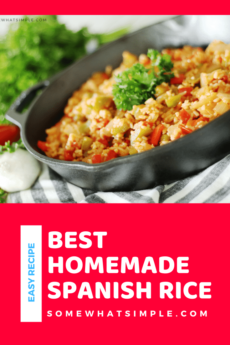 Homemade Spanish rice is the perfect side dish for any of your favorite Mexican food recipes.  Made with bell peppers, onions and delicious spices, this easy recipe is bursting with flavor and tastes just like you get in a restaurant. #spanishrice #homemadespanishrice #howtomakespanishrice #easyspanishrice #mexicanrice via @somewhatsimple