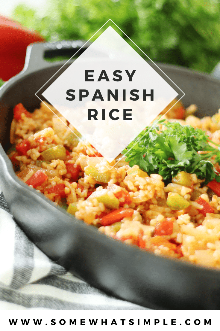 Homemade Spanish rice is the perfect side dish for any of your favorite Mexican food recipes.  Made with bell peppers, onions and delicious spices, this easy recipe is bursting with flavor and tastes just like you get in a restaurant. #spanishrice #homemadespanishrice #howtomakespanishrice #easyspanishrice #mexicanrice via @somewhatsimple