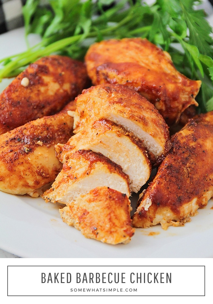 Enjoy the taste of baked BBQ chicken all year long.  Using a handful of a few simple ingredients these barbecue chicken breasts are so easy to make and are perfect for a busy weeknight! #bakedbbqchicken #barbecuechickenrecipe #bakedbonelessbbqchicken #howtobakebbqchicken #howtogrillbbqchicken via @somewhatsimple