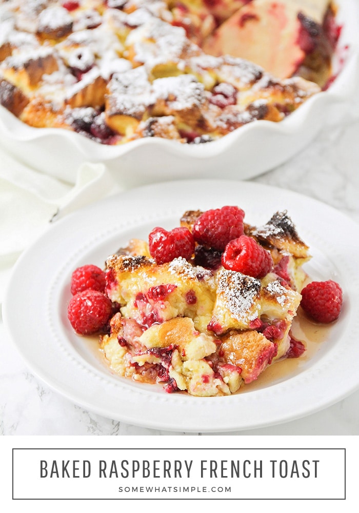 This easy and filling baked raspberry french toast is bursting with juicy berries and so delicious. Perfect for a special breakfast or brunch! #bakedfrenchtoast #frenchtoastrecipe #frenchtoast #raspberryfrenchtoast #bakedraspberryfrenchtoastrecipe via @somewhatsimple