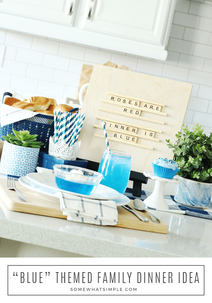 full set up for a blue family dinner - blue foods and drinks