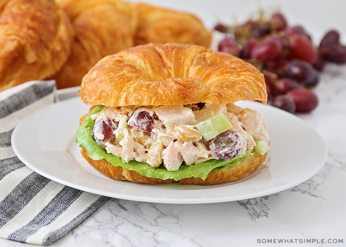 a chicken salad sandwich made with a croissant on a white plate. More croissants and a pile of grapes are laying on the counter behind the plate