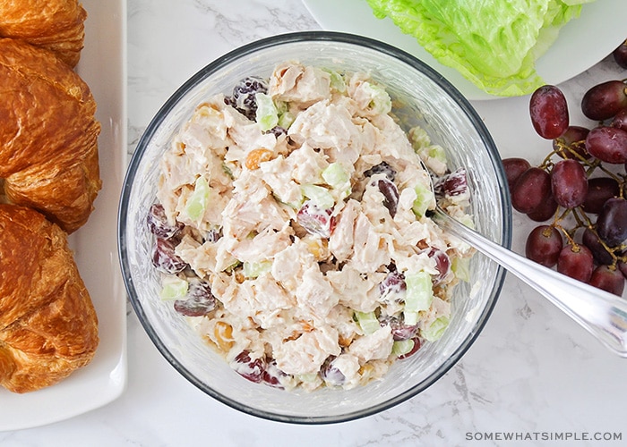 looking down on a bowl filled with a fresh batch of this chicken salad recipe next.