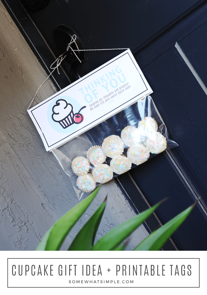 Looking for a thoughtful gift for someone who needs a little pick-me-up?  This simple hanging cupcake gift idea will definitely put a smile on their face! #cupcake #cupcakes #cupcakegift #easygift via @somewhatsimple