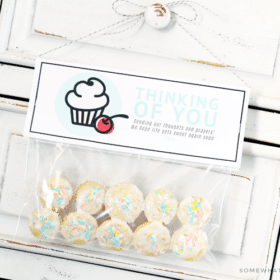 a bag filled with ten mini cupcakes topped with sprinkles with a gift tag attached that says thinking of your with a picture of a cupcake and a cherry on it
