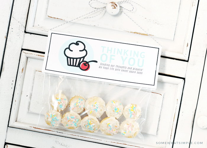 a bag of mini cupcakes with a gift tag attached hanging from a door