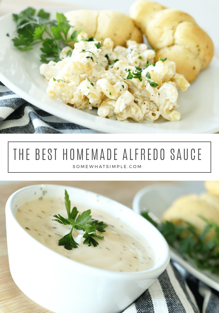This easy homemade Alfredo sauce is thick, creamy and so delicious.  This sauce is super easy to make and is ready in just minutes.  Once you try this simple recipe, you'll never buy the sauce sold in a jar again! #alfredosauce #alfredosaucerecipe #alfredosauceeasy #homemadealfredosaucerecipe #howtomakealfredosauce via @somewhatsimple