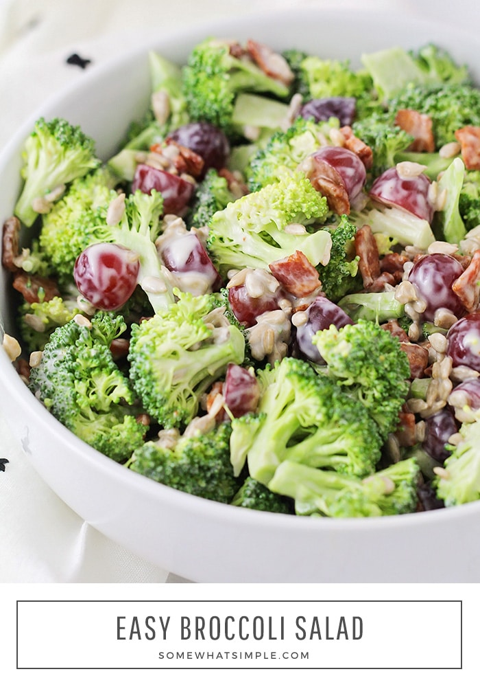 This easy Broccoli Salad is quick, fresh, and so delicious! It makes the perfect side dish for any BBQ or potluck - and the tangy, creamy dressing is heavenly! via @somewhatsimple