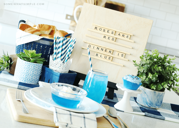 blue foods for a fun family dinner set up on the counter