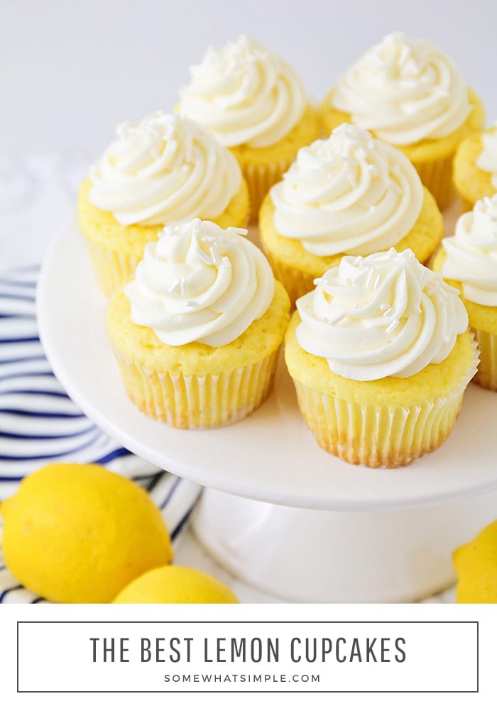 These lemon cupcakes are the best you'll ever eat!  Made with a box of cake mix, this cupcake recipe is super easy to make and they taste amazing! #lemoncupcakes #easylemoncupcakes #cakemixlemoncupcakes #lemoncupcakeswithcreamcheesefrosting #lemoncupcakerecipe via @somewhatsimple