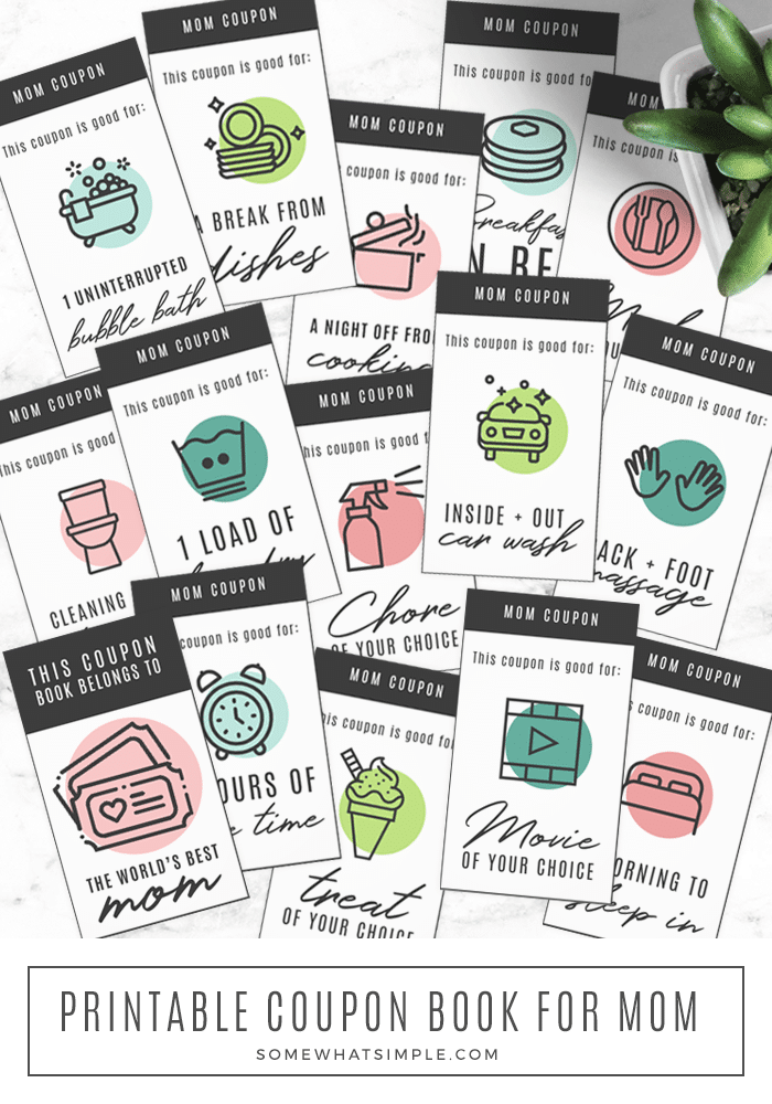 These fun Mother's Day Coupons are cute, thoughtful, and easy enough to be ready in just a few minutes! Grab your free printable show that special mom in your life how much you love them. #MothersDayCoupons #MothersDayGift #PrintableCoupons #MothersDayPrintable #mothersdayprintable via @somewhatsimple