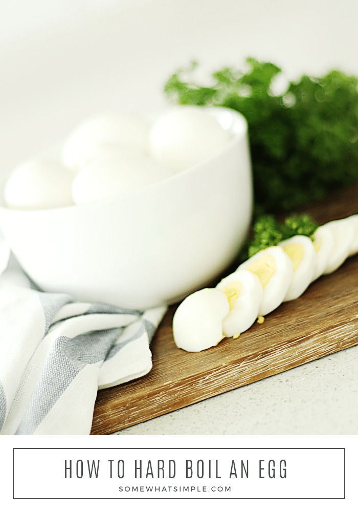 Learning how to make hard boiled eggs is really easy.  This simple method will give you easy to peel eggs and works perfectly every time! #howtohardboileggs #hardboiledeggsrecipe #easyhardboiledeggs #easypeelhardboiledeggs #besthardboiledeggs via @somewhatsimple