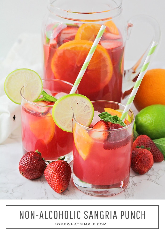 Whether you're sitting by the pool or having friends over for a party, this easy non-alcoholic sangria punch is the perfect drink to serve.  Filled with slices of fresh fruit and a medley of juices, this refreshing recipe will quench anyone's thirst. via @somewhatsimple