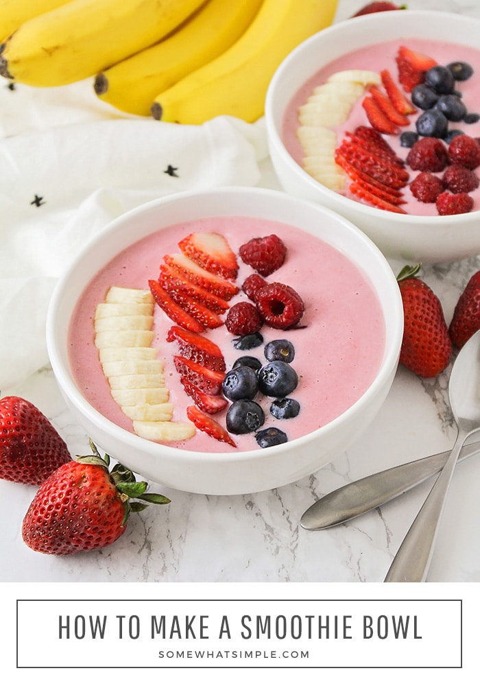 A healthy and delicious smoothie bowl is the perfect way to start the day. It's loaded with fruit, and takes just a few minutes to make! #smoothiebowl #healthysmoothiebowl. #howtomakeasmoothiebowl #easysmoothiebowlrecipe via @somewhatsimple