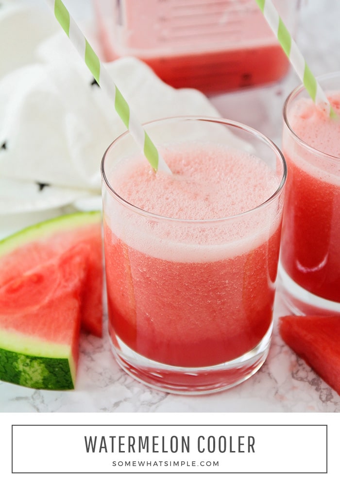 This watermelon cooler recipe is made with frozen watermelon chunks and is naturally sweetened. Ready in just minutes, this slushy drink is absolutely perfect for a hot summer day!  #watermeloncoolerrecipe #watermeloncoolersummerdrink #watermelonslushy #watermeloncooler #nonalcoholicwatermeloncooler via @somewhatsimple