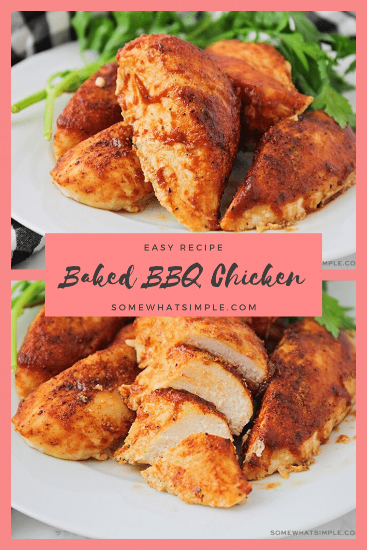 Enjoy the taste of baked BBQ chicken all year long.  Using a handful of a few simple ingredients these barbecue chicken breasts are so easy to make and are perfect for a busy weeknight! #bakedbbqchicken #barbecuechickenrecipe #bakedbonelessbbqchicken #howtobakebbqchicken #howtogrillbbqchicken via @somewhatsimple