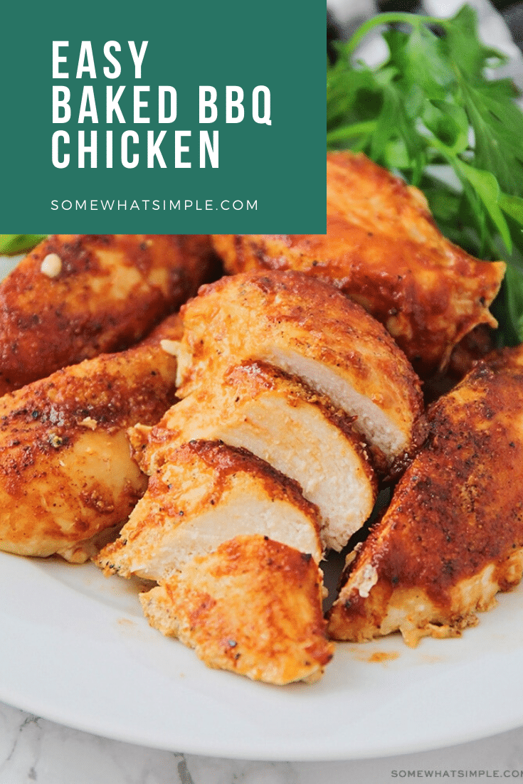 Enjoy the taste of baked BBQ chicken all year long.  Using a handful of a few simple ingredients these barbecue chicken breasts are so easy to make and are perfect for a busy weeknight! #bakedbbqchicken #barbecuechickenrecipe #bakedbonelessbbqchicken #howtobakebbqchicken #howtogrillbbqchicken via @somewhatsimple