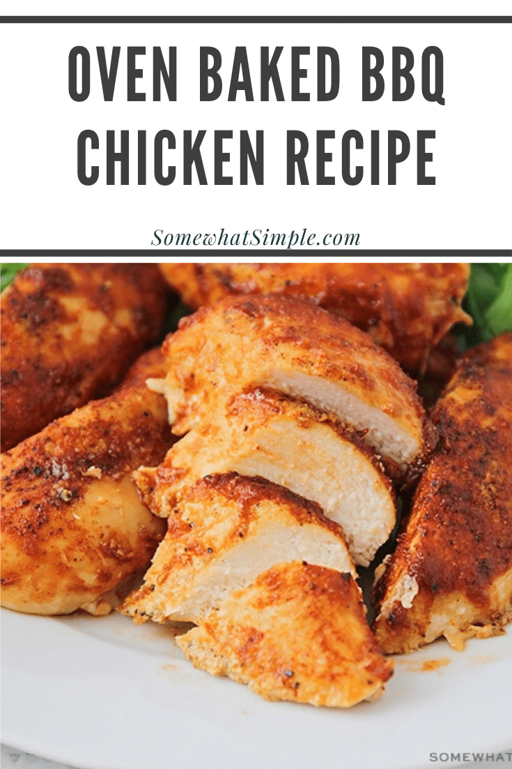 Enjoy the taste of baked BBQ chicken all year long.  Using a handful of a few simple ingredients these barbecue chicken breasts are so easy to make and are perfect for a busy weeknight! #bakedbbqchicken #barbecuechickenrecipe #bakedbonelessbbqchicken #howtobakebbqchicken #howtogrillbbqchicken via @somewhatsimple