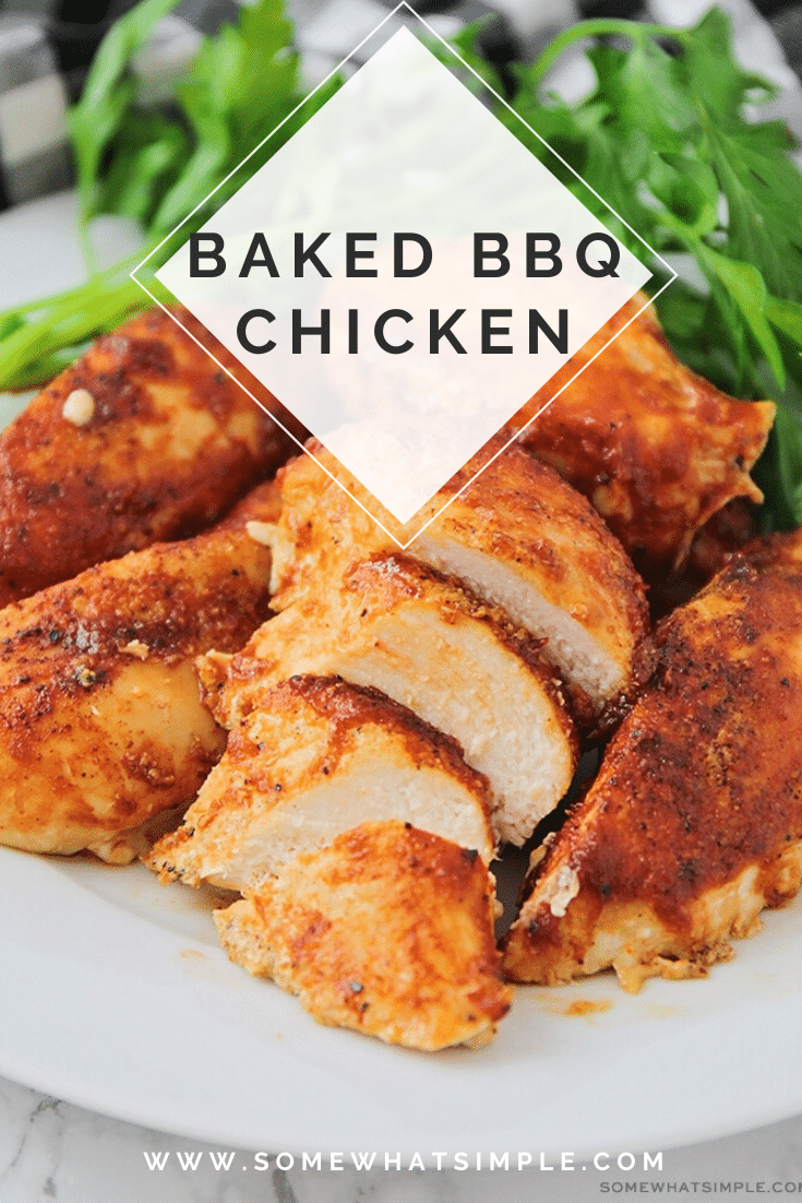 Enjoy the taste of baked BBQ chicken all year long.  Using a handful of a few simple ingredients these barbecue chicken breasts are so easy to make and are perfect for a busy weeknight! #bakedbbqchicken #barbecuechickenrecipe #bakedbonelessbbqchicken #howtobakebbqchicken #howtogrillbbqchicken via @somewhatsimple