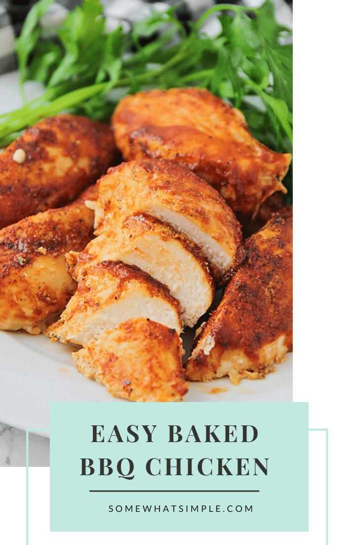 Enjoy the taste of baked BBQ chicken all year long.  Using a handful of a few simple ingredients these barbecue chicken breasts are so easy to make and are perfect for a busy weeknight! #bakedbbqchicken #barbecuechickenrecipe #bakedbonelessbbqchicken #howtobakebbqchicken #howtogrillbbqchicken via @somewhatsimple