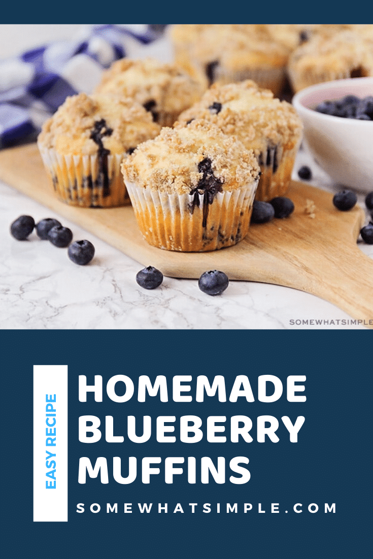 The best blueberry muffins recipe ever! Fluffy muffins stuffed with fresh blueberries topped with a delicious crumb topping, these homemade blueberry muffins are soft, sweet, and so simple to make! via @somewhatsimple