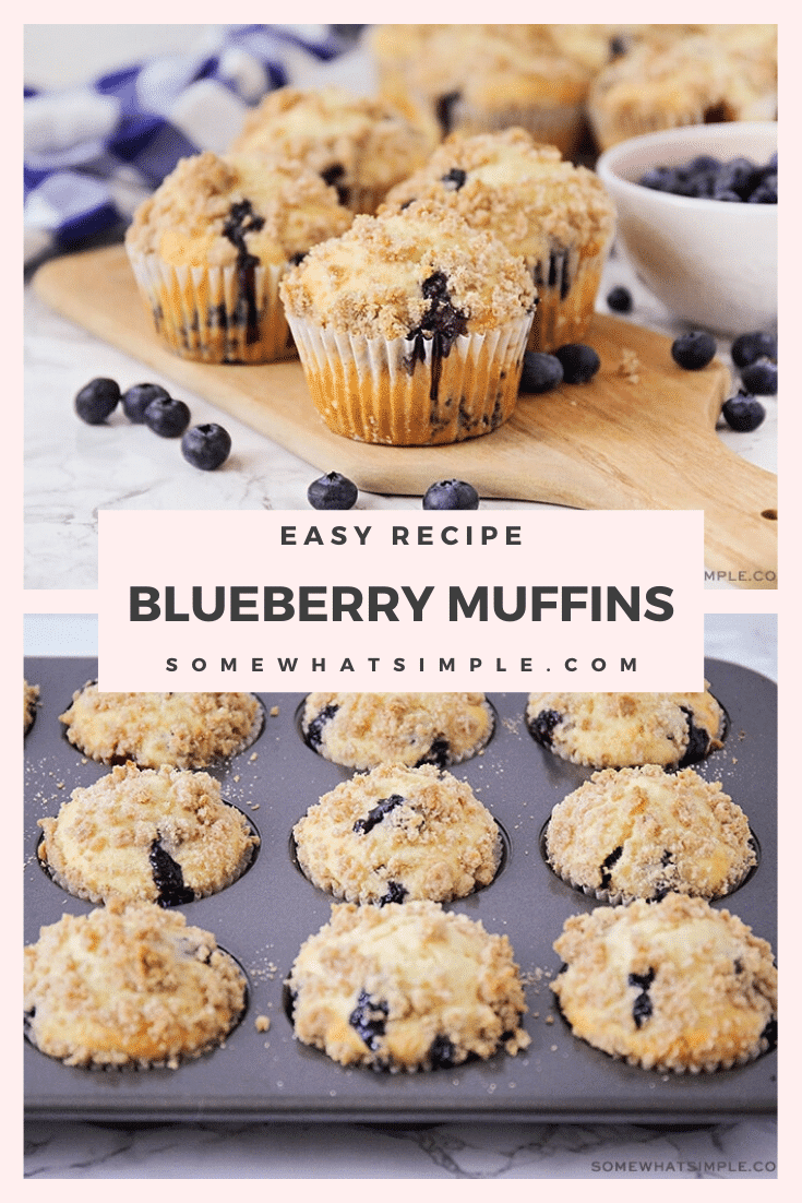 The is the best blueberry muffins recipe ever! Made with fresh blueberries and a crumb topping, these homemade muffins are so soft and sweet you'll think you just picked them up from the bakery. #blueberrymuffins #blueberrymuffinrecipe #easyblueberrymuffins #blueberrymuffinscrumbletopping #bestblueberrymuffinrecipe via @somewhatsimple