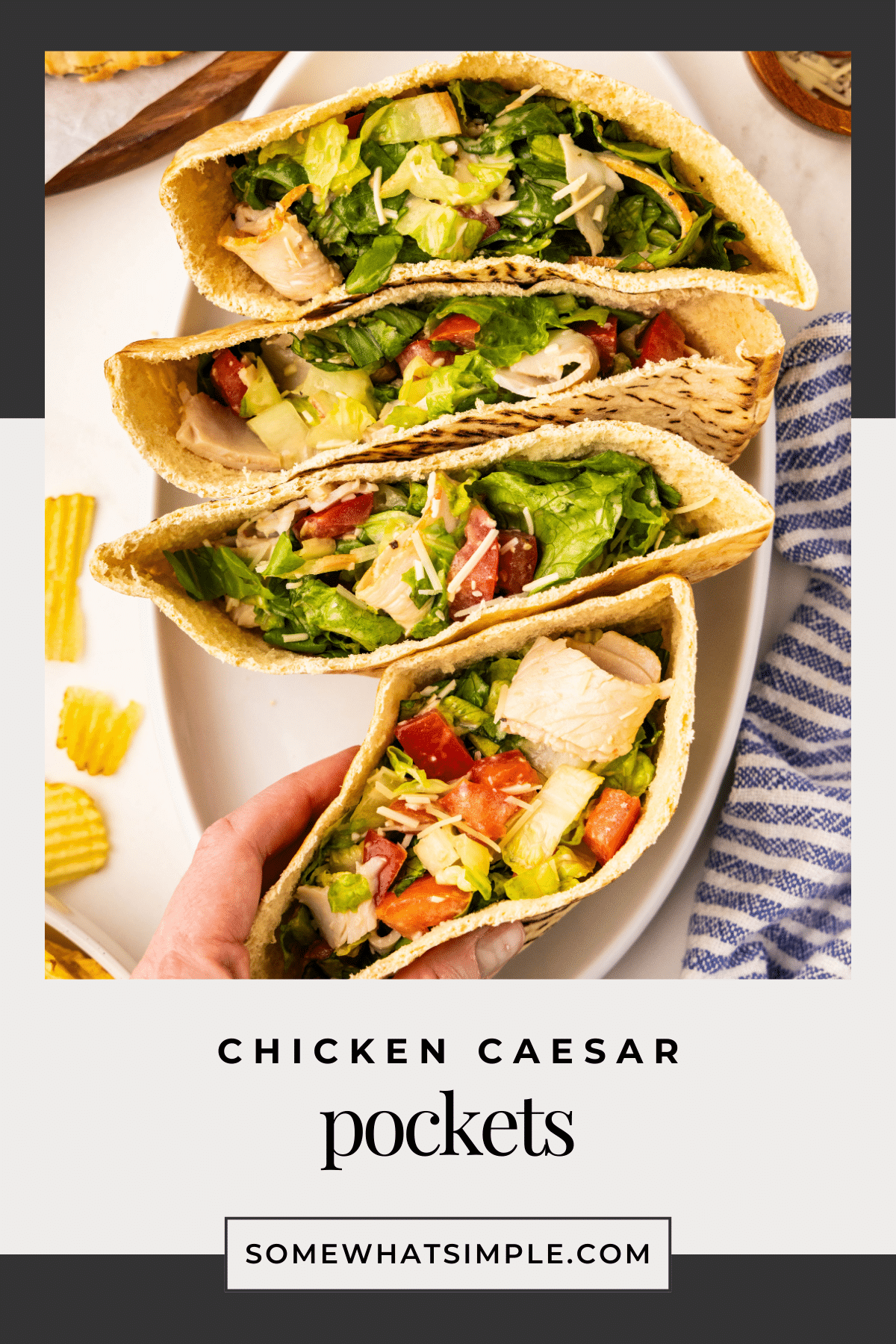 These Caesar Pockets are a quick, no-cook meal perfect for summer! Fresh lettuce, turkey, and Parmesan tossed in Caesar dressing and stuffed into pita bread. via @somewhatsimple