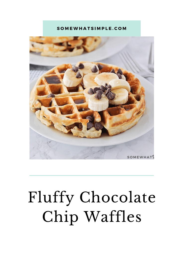 These fluffy and crisp chocolate chip waffles are the perfect sweet treat to make breakfast extra special! Made from scratch, these homemade waffles are simple to make and so delicious! These waffles are perfect for celebrating that special occasion or just making a Sunday breakfast extra sweet! via @somewhatsimple