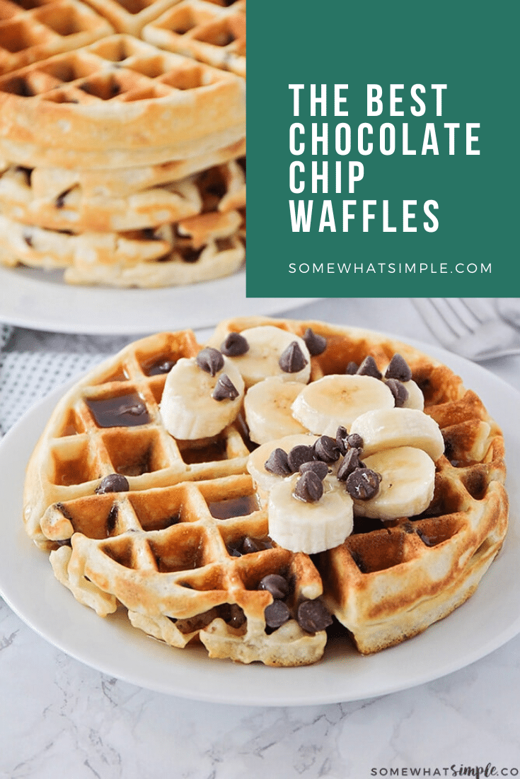 These fluffy and crisp chocolate chip waffles are the perfect sweet treat to make breakfast extra special! Made from scratch, these homemade waffles are simple to make and so delicious! These waffles are perfect for celebrating that special occasion or just making a Sunday breakfast extra sweet! via @somewhatsimple