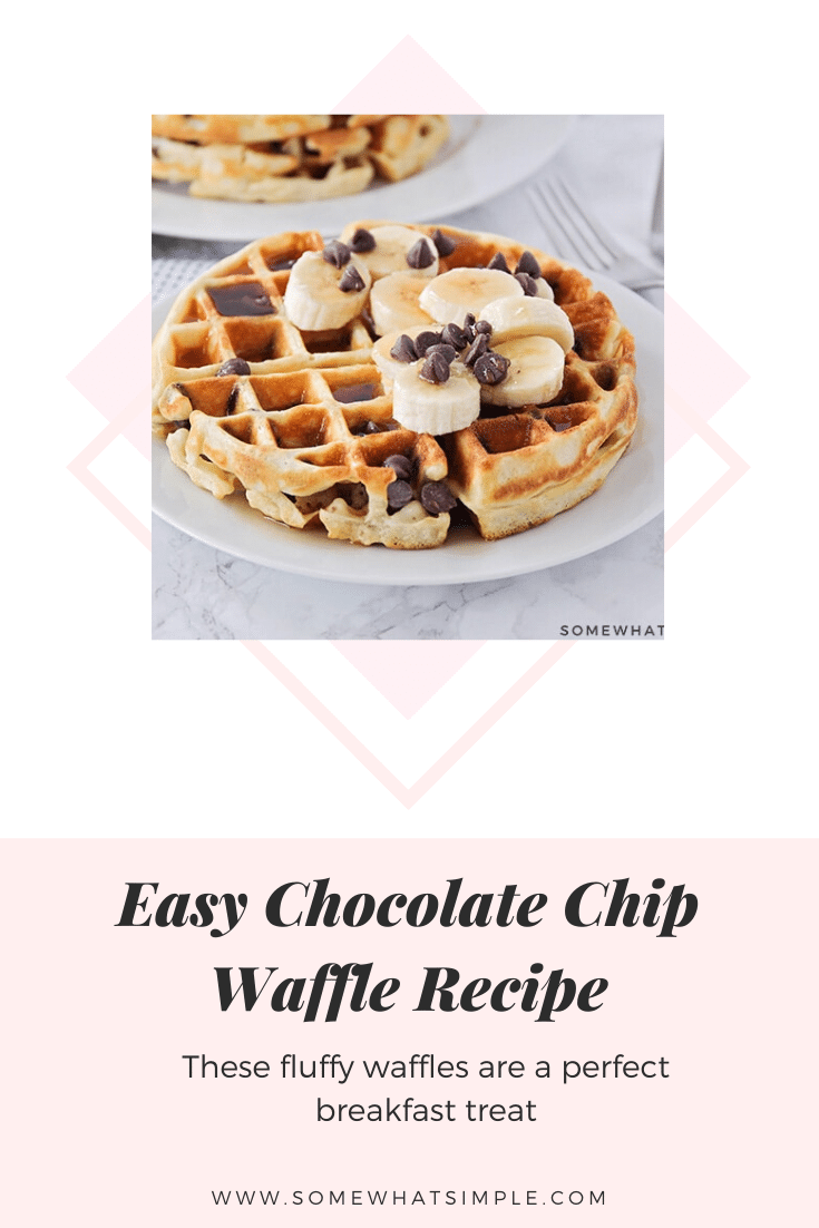 These fluffy and crisp chocolate chip waffles are the perfect sweet treat to make breakfast extra special! Made from scratch, these homemade waffles are simple to make and so delicious! These waffles are perfect for celebrating that special occasion or just making a Sunday breakfast extra sweet! via @somewhatsimple