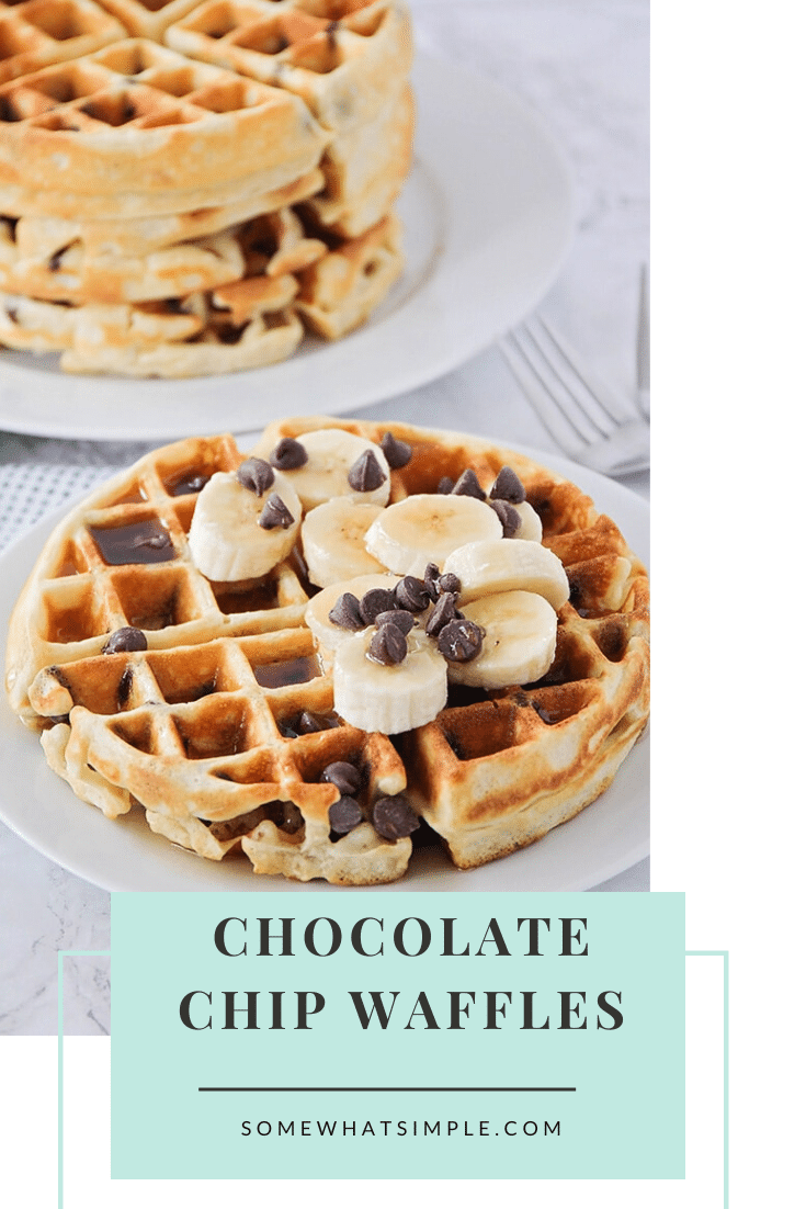 These fluffy and crisp chocolate chip waffles are the perfect sweet treat to make breakfast extra special! Made from scratch, these homemade waffles are simple to make and so delicious! These waffles are perfect for celebrating that special occasion or just making a Sunday breakfast extra sweet! via @somewhatsimple