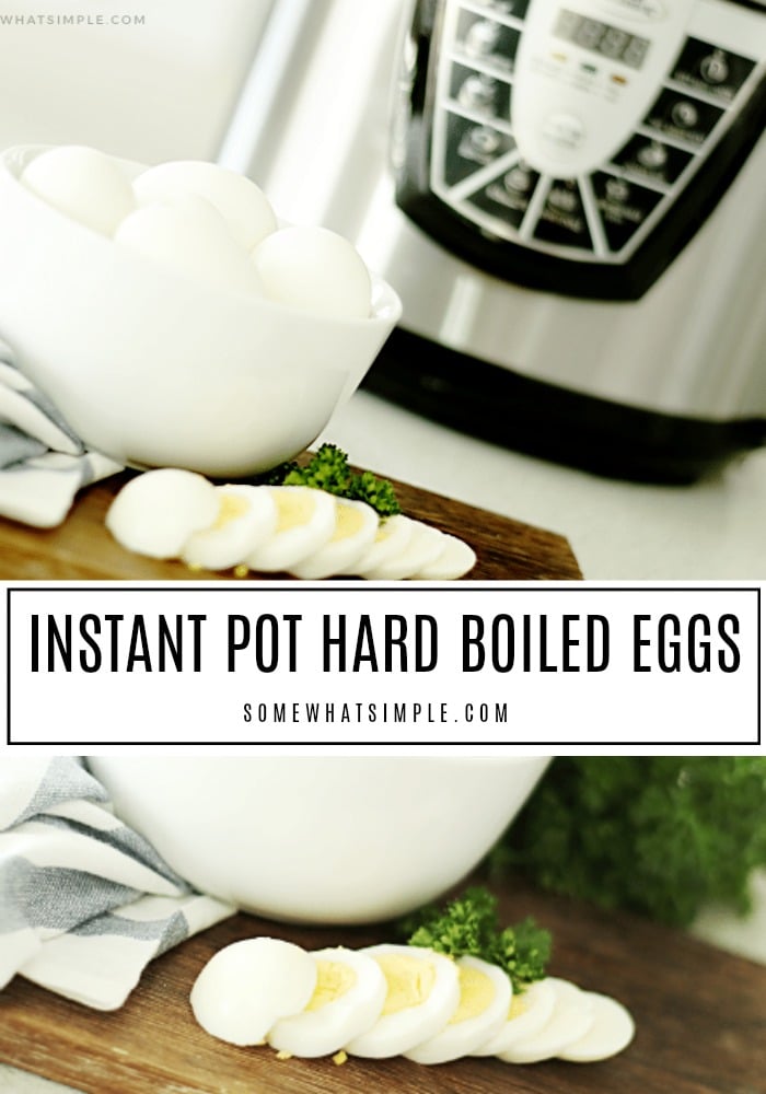 Have you ever wanted to learn how to make hard boiled eggs in a pressure cooker but were too afraid to try?  These instant pot hard boiled eggs are easily made in 10 minutes and they come out perfectly every time! #hardboiledeggs #instantpothardboiledeggs #hardboiledeggsintheinstantpot #howtohardboilanegginaninstantpot #pressurecookerhardboiledeggs via @somewhatsimple